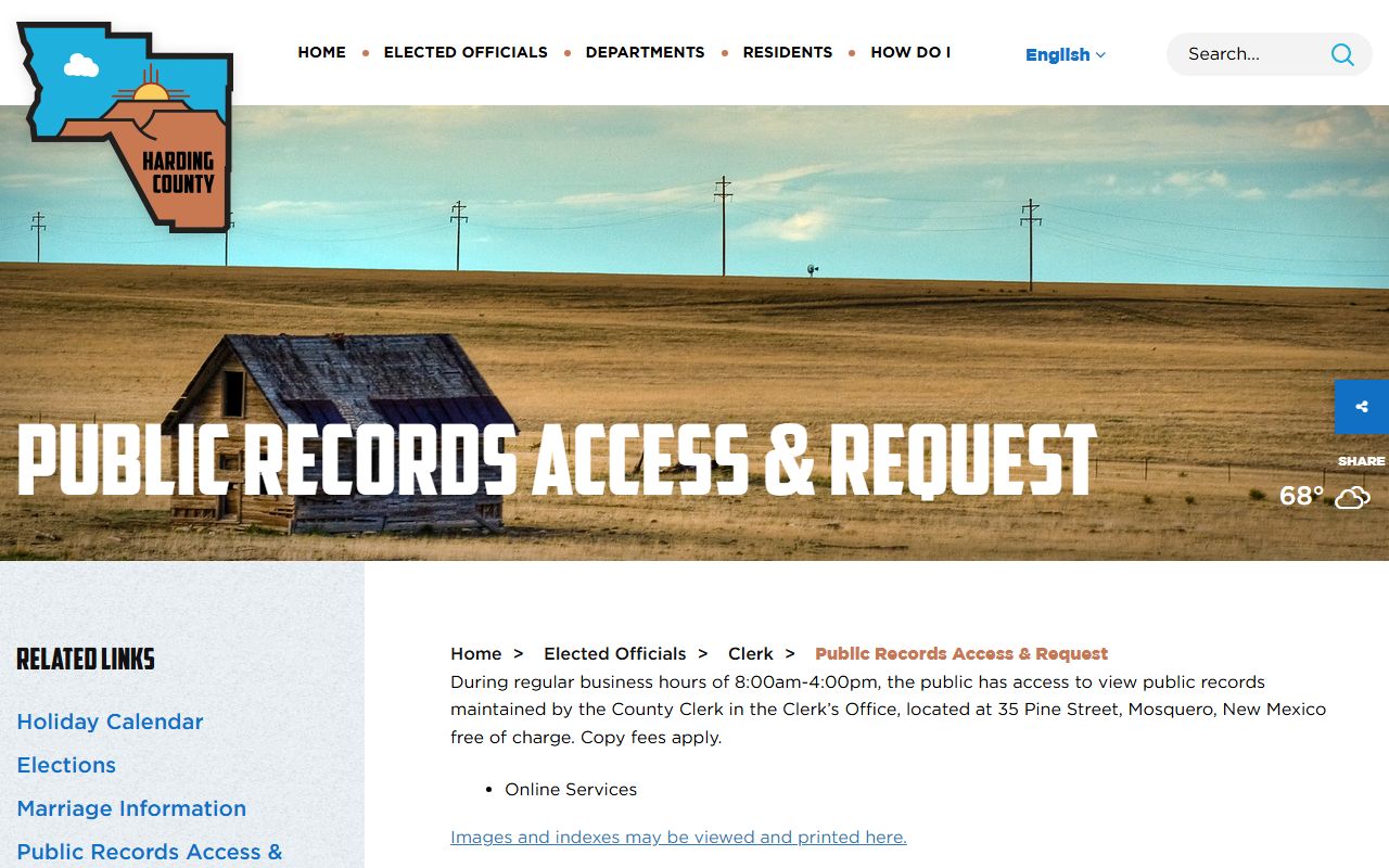 Harding County public records page for booking photo requests