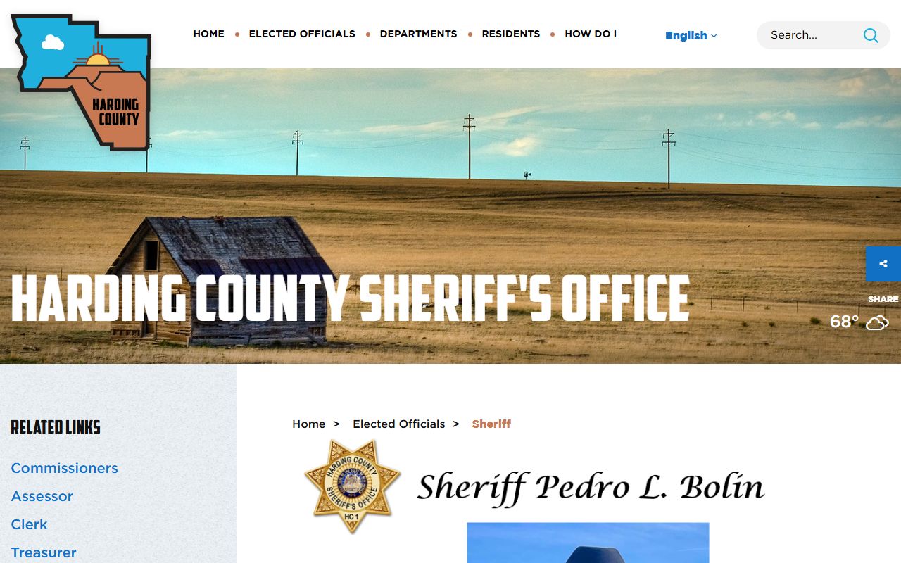 Harding County sheriff contact page for inmate population searches