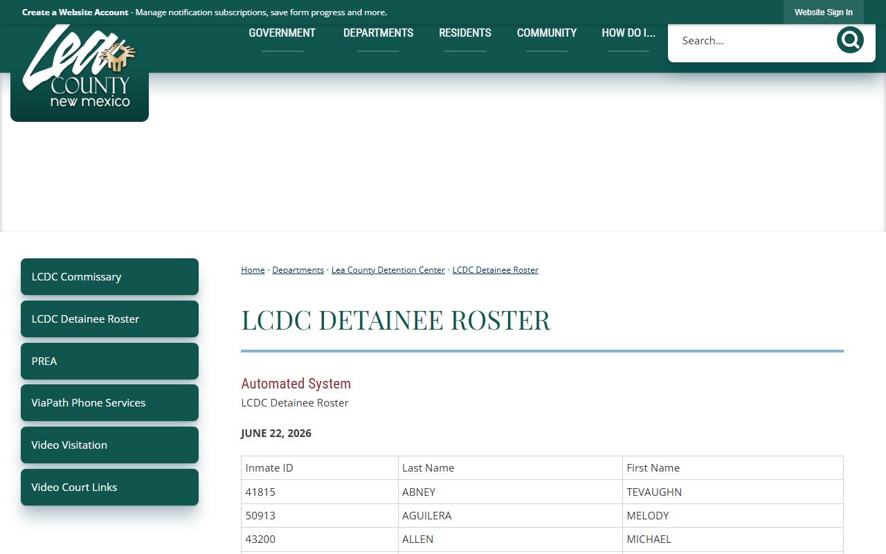Lea County roster fields used in Harding County inmate lookup