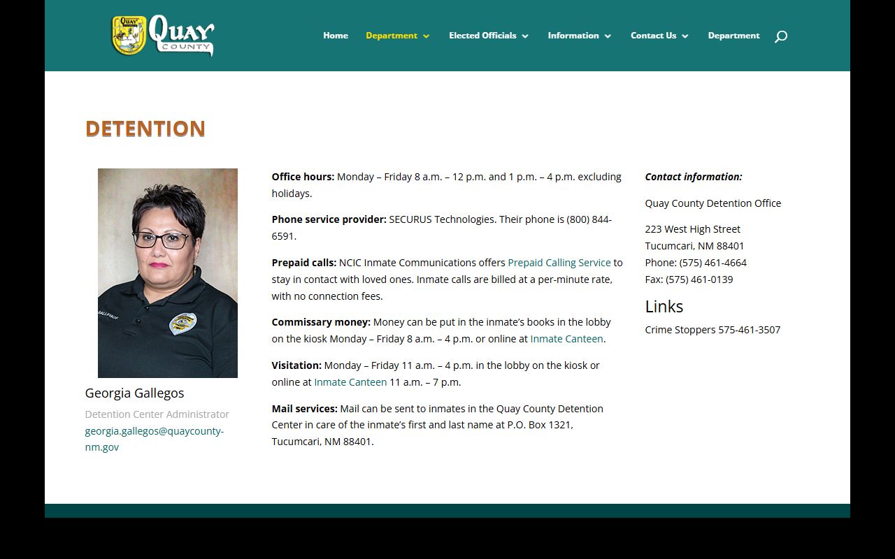 Quay County Detention Center inmate services and Harding County custody verification